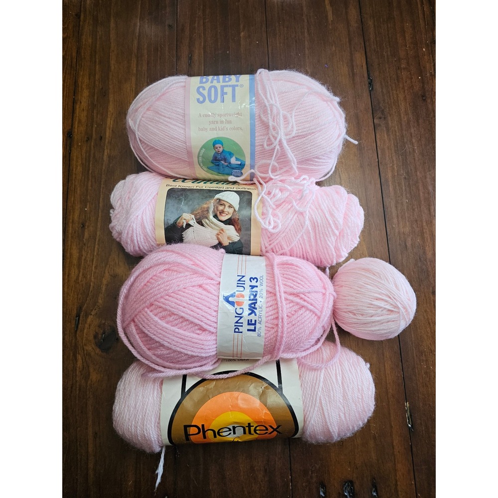 Vintage Pink Yarn Lot Lion Brand Caron Wintuk Pinguin Phentex 4 Skeins + Partial